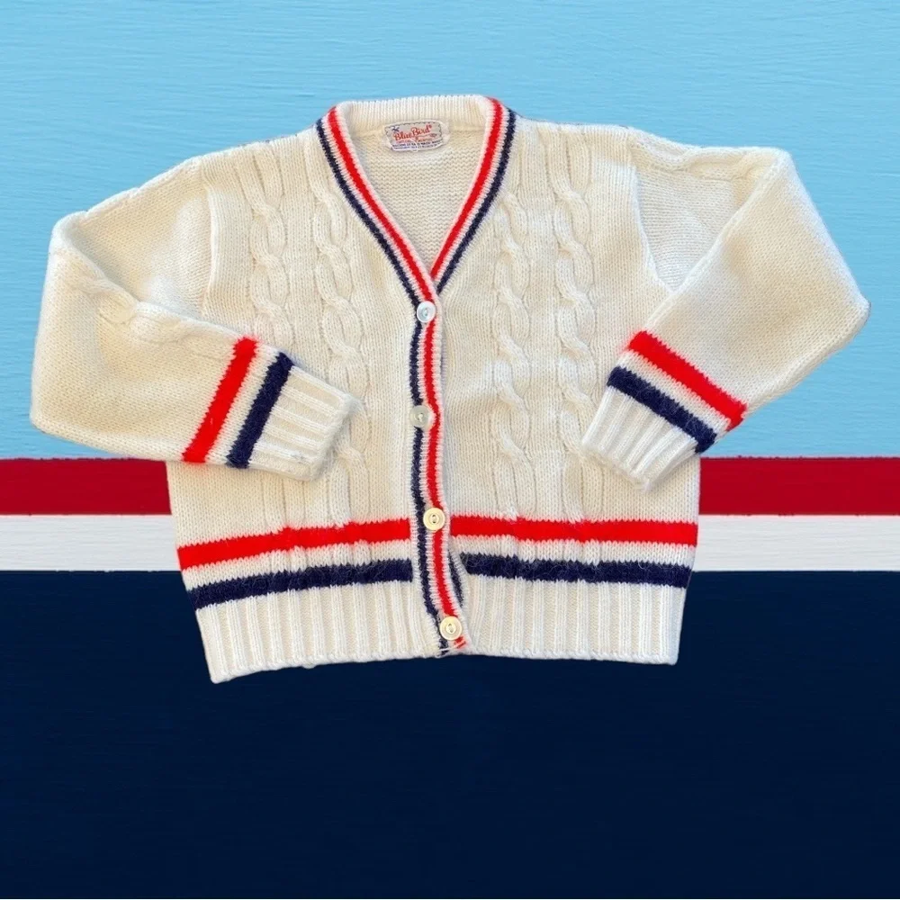 Vintage Blue Bird Unisex Striped Red White & Blue Button Up Cardigan Sweater 3T